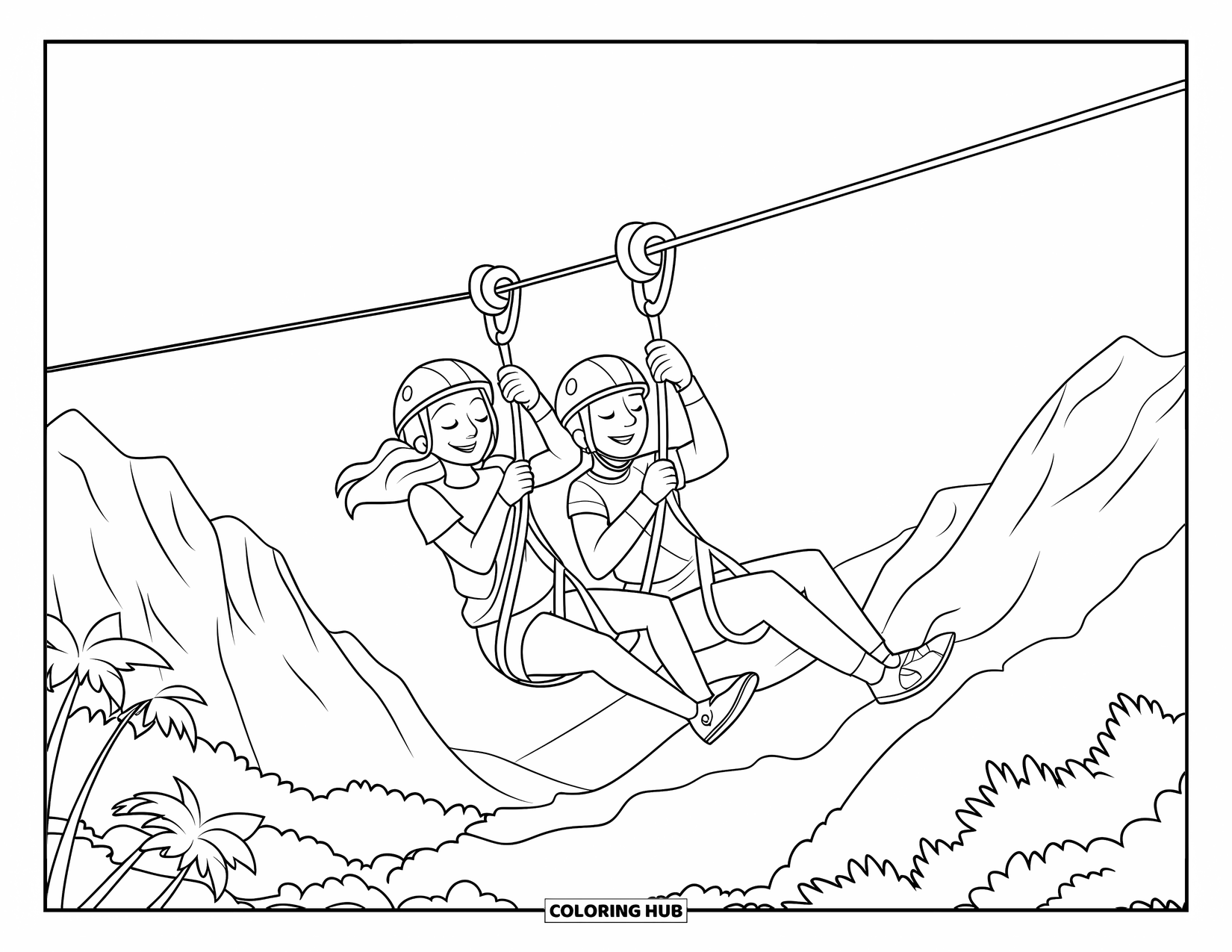 Vacation Coloring Page for Kids: Two teens zip-line above a tropical forest with mountains behind them