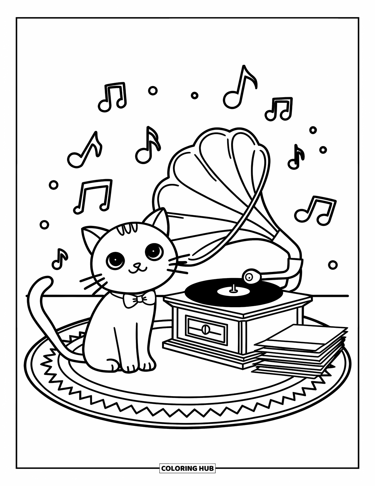 Vintage Coloring Page for Adults: A cat with a bow tie sits beside a gramophone and vinyl records