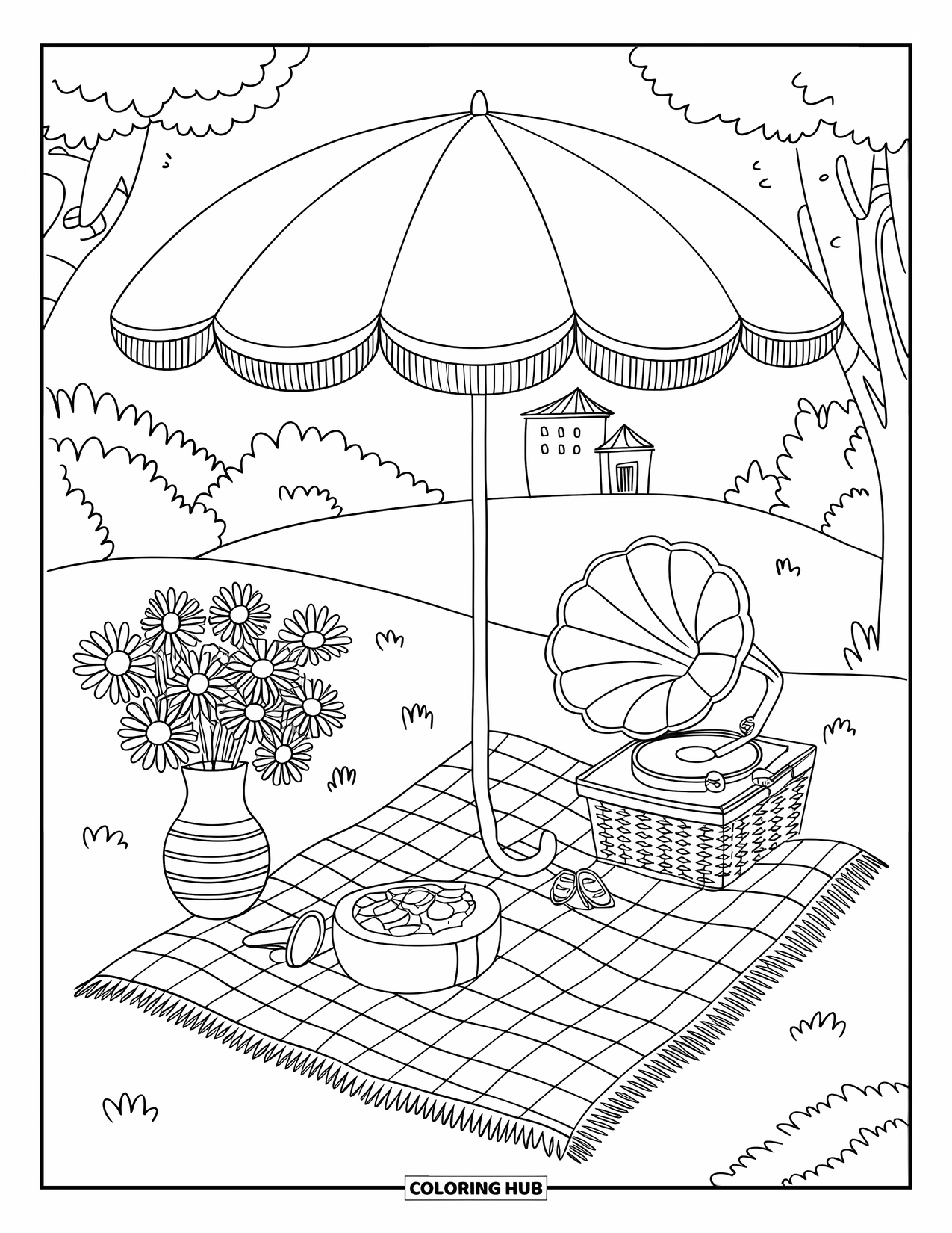 Vintage Coloring Page for Adults: A charming picnic scene with a basket, gramophone, and vase of daisies
