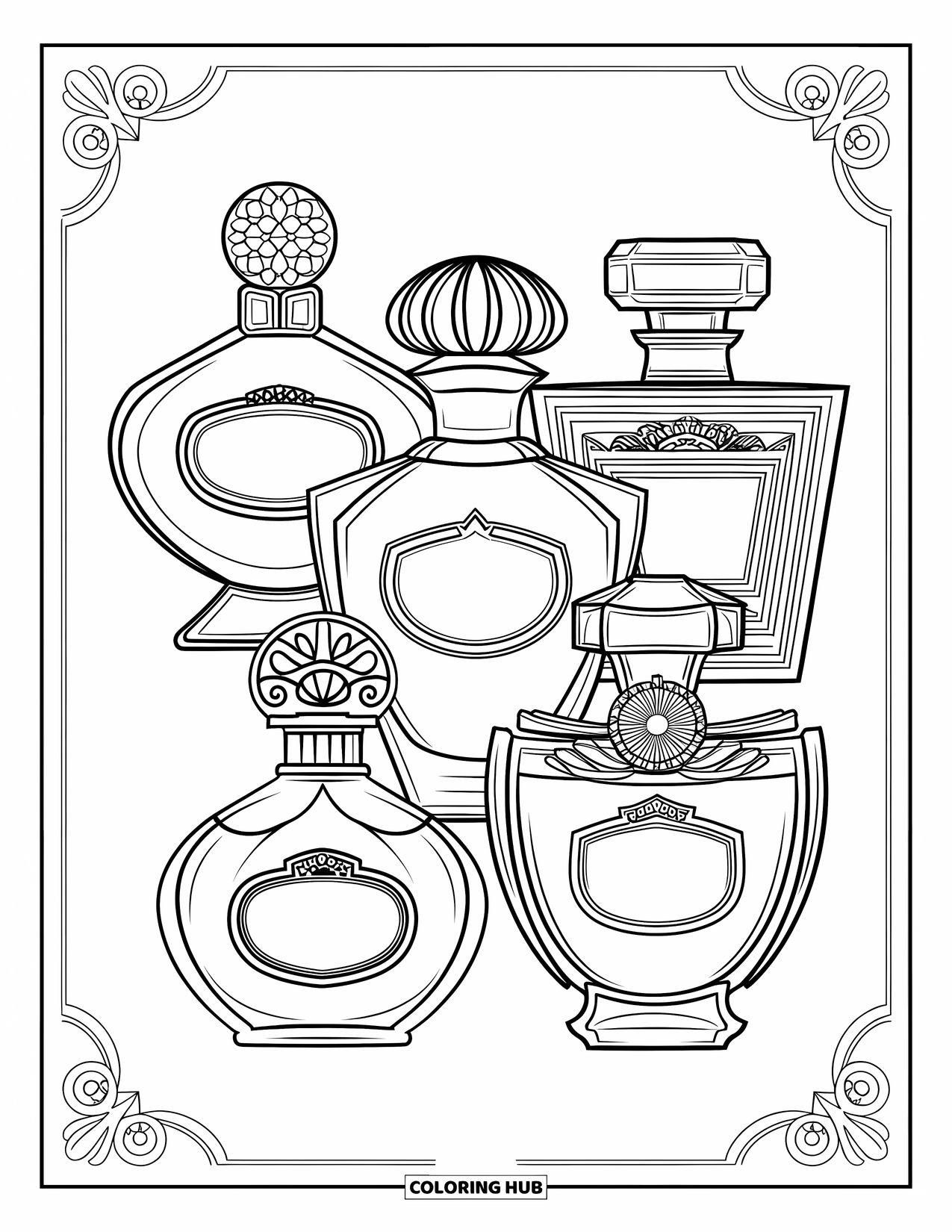 Vintage Coloring Page for Adults: A circular arrangement of perfume bottles with intricate labels and stoppers