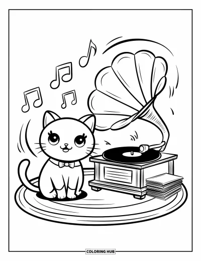 Yetişkinler için Vintage Boyama Sayfası: Papyon takmış sevimli bir kedi, gramofon ve yumuşak müzik notalarının yanında oturuyor