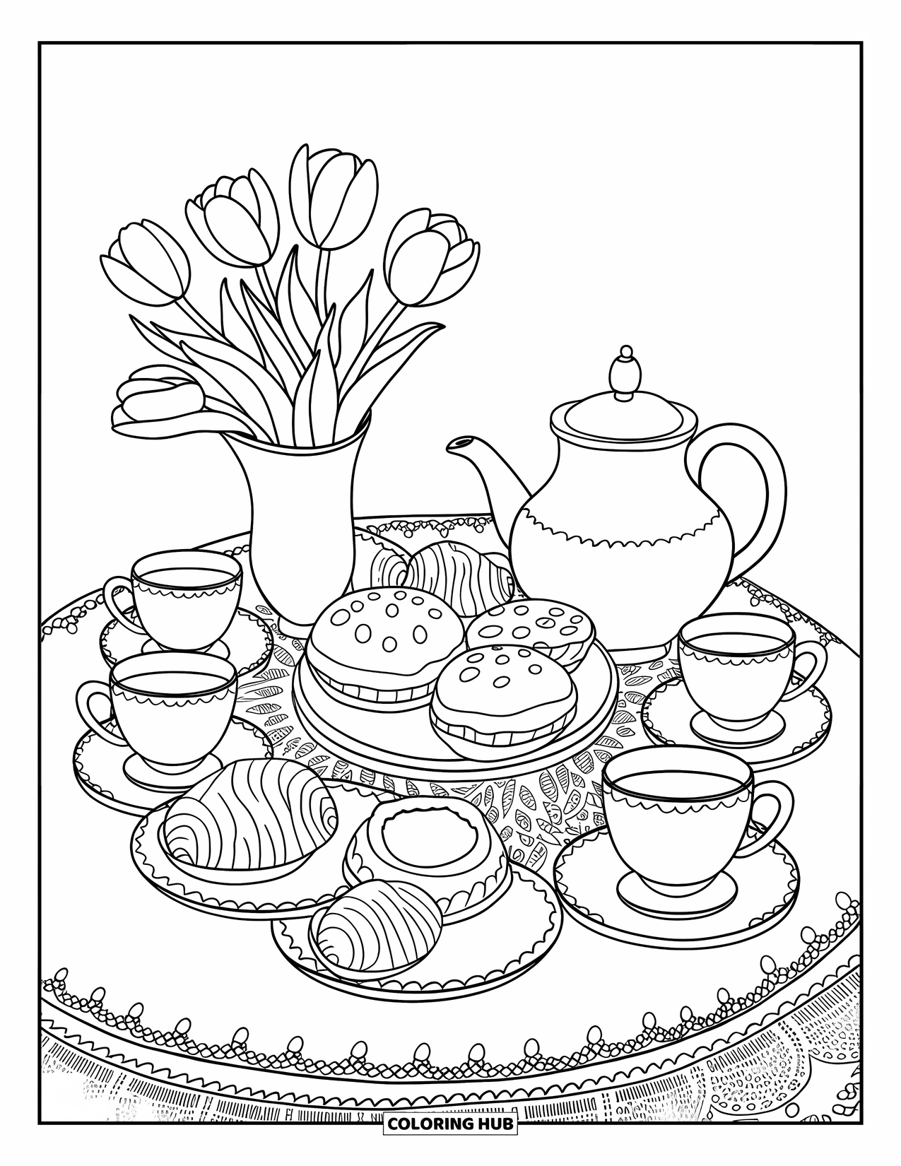 Vintage Coloring Page for Adults: A cute tea table with a teapot, pastries, tulips, and tiny cozy details