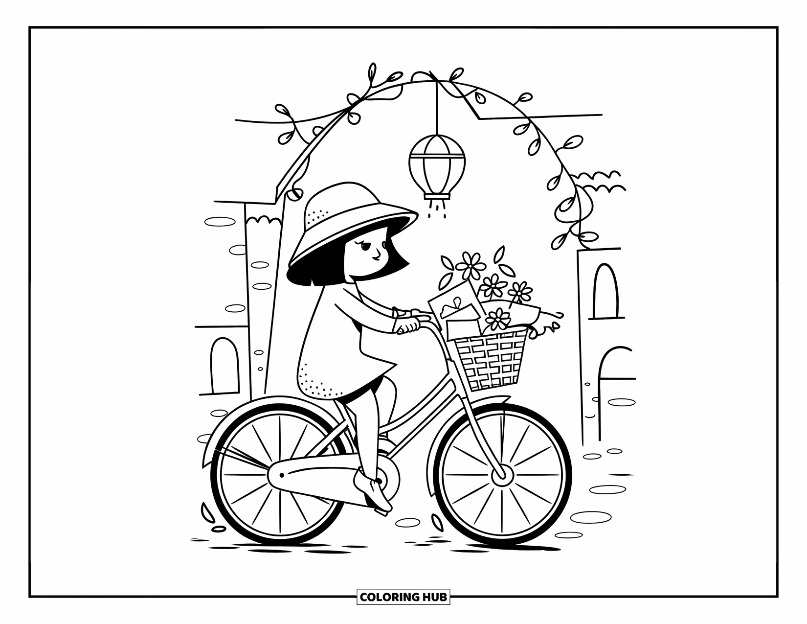 Vintage Coloring Page for Adults: A girl on a vintage bicycle rides past vines and a hanging lantern