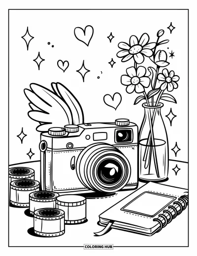 Yetişkinler için Vintage Boyama Sayfası: Çiçekler, parıltılar ve film rulolarıyla çevrili kanatlı kawaii bir fotoğraf makinesi