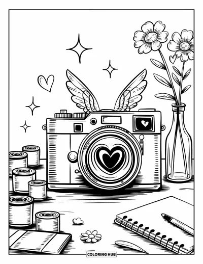 Yetişkinler için Vintage Boyama Sayfası: Film ruloları ve çiçeklerin yanında kanatları olan kawaii tarzı vintage bir fotoğraf makinesi