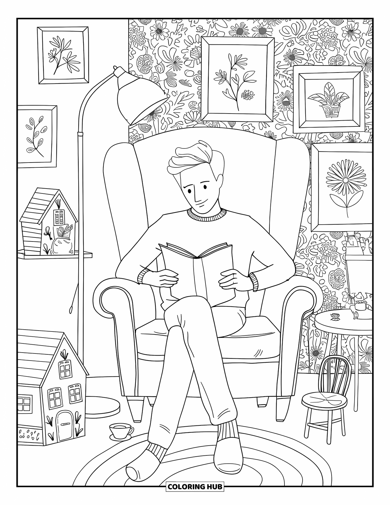 Vintage Coloring Page for Adults: A man reading in a comfy chair surrounded by floral art and tiny decor