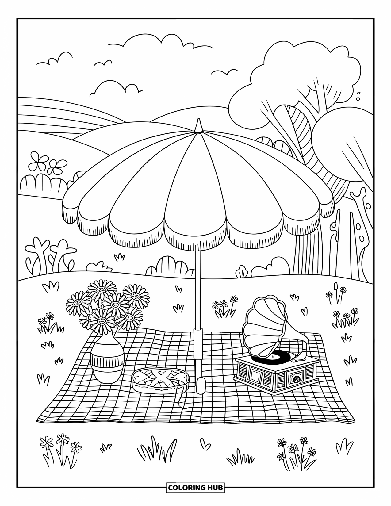 Vintage Coloring Page for Adults: A retro picnic under an umbrella with a basket, gramophone, and daisies