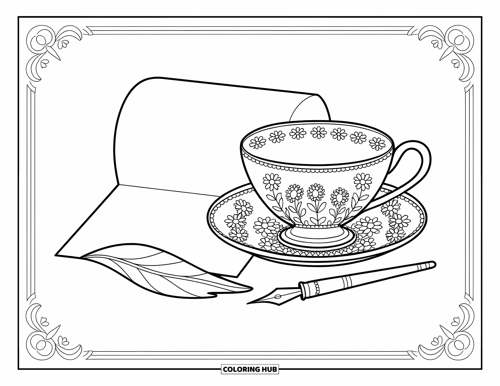 Vintage Coloring Page for Adults: An elegant teacup and letter with a quill framed by decorative borders