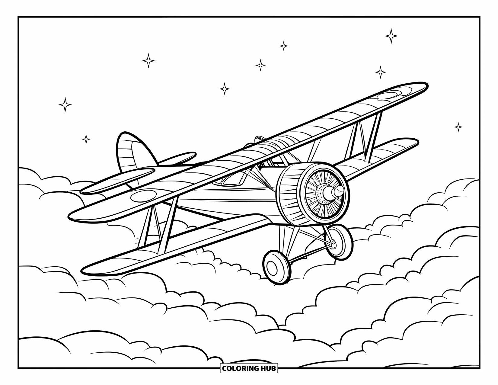 Vintage Coloring Page for Kids: A biplane with open cockpit gliding through a sky of soft clouds