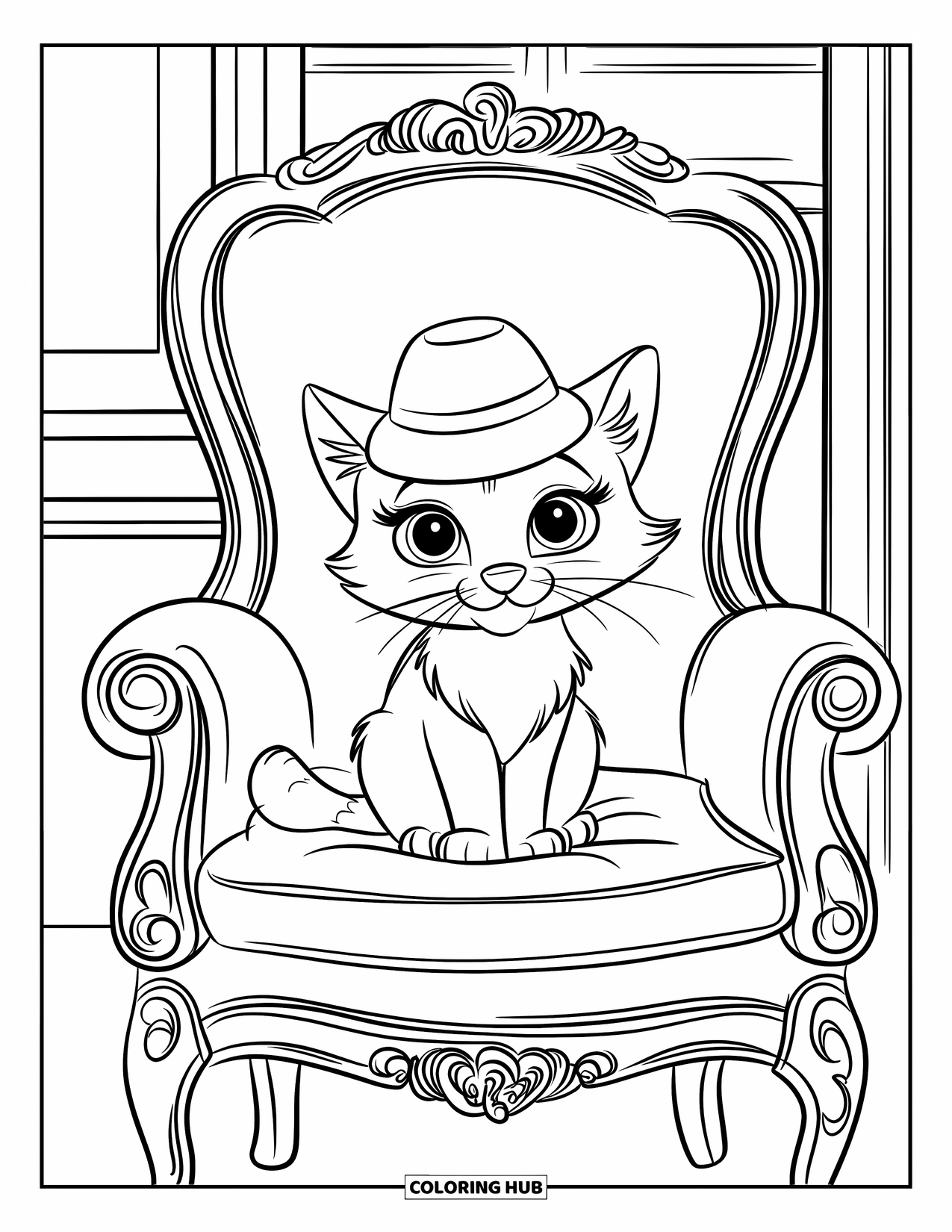 Vintage Coloring Page for Kids: A cat with expressive eyes wearing a hat sits on an ornate chair