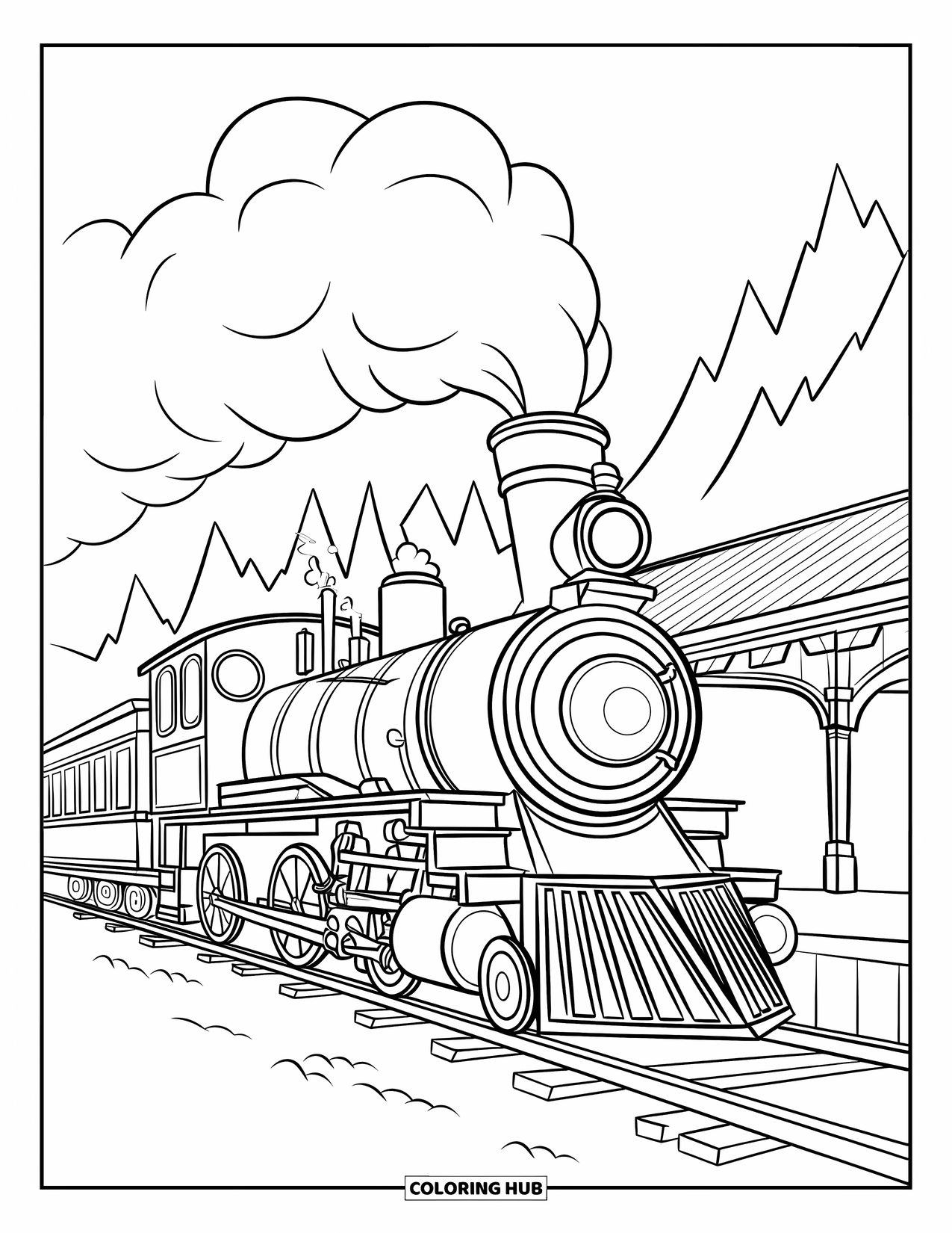 Vintage Coloring Page for Kids: A cheerful vintage train parked near a station with soft steam