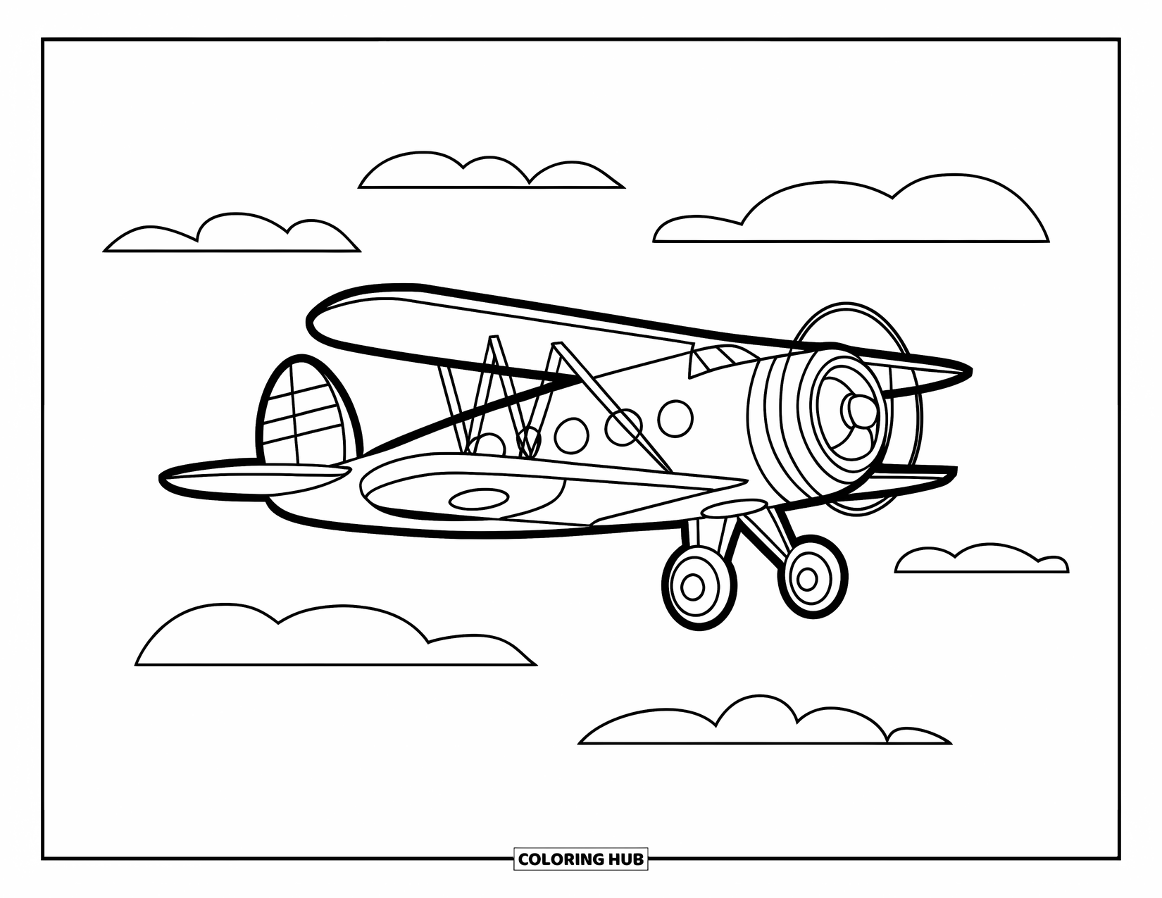 Vintage Coloring Page for Kids: A classic airplane with short wings flying among calm clouds