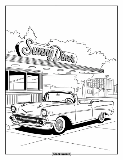 Çocuklar için Vintage Boyama Sayfası: Neon "Sunny Diner" tabelası olan retro bir diner yanında park etmiş klasik bir üstü açık araba