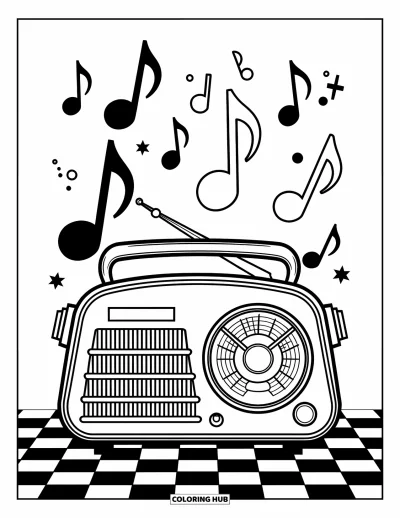 Çocuklar için Vintage Boyama Sayfası: Damalı bir zeminde müzik notalarıyla çevrili klasik bir radyo