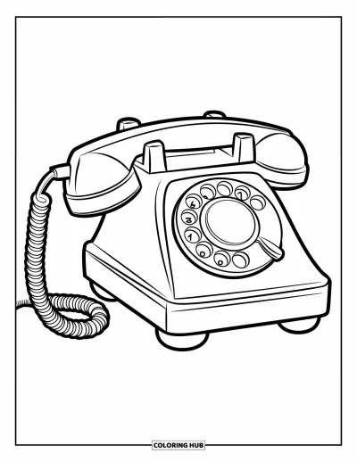 Çocuklar için Vintage Boyama Sayfası: Ahşap bir sehpa üzerinde kıvrımlı telli klasik bir çevirmeli telefon
