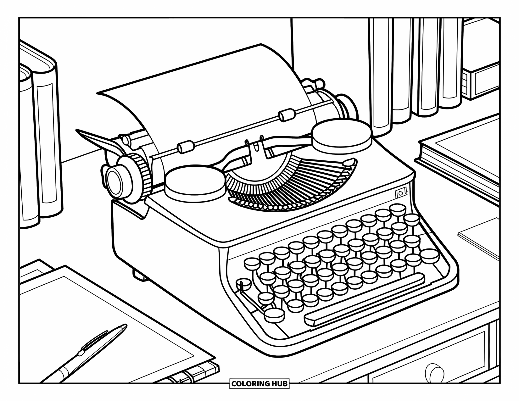 Vintage Coloring Page for Kids: A cozy desk with a typewriter, papers, and books scattered around