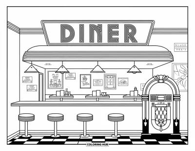 Çocuklar için Vintage Boyama Sayfası: Tabureleri, jukebox'ı ve parlayan "Diner" tabelasıyla sıcacık bir lokanta