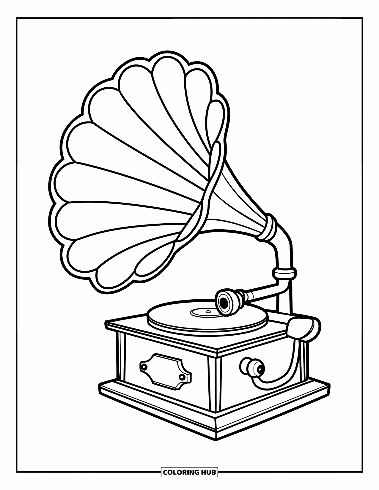 Vintage Coloring Page for Kids: A cute gramophone with a large trumpet-shaped speaker and wooden body
