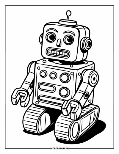 Çocuklar için Vintage Boyama Sayfası: Basit düğmeli ve yuvarlak kafalı sevimli bir oyuncak robot