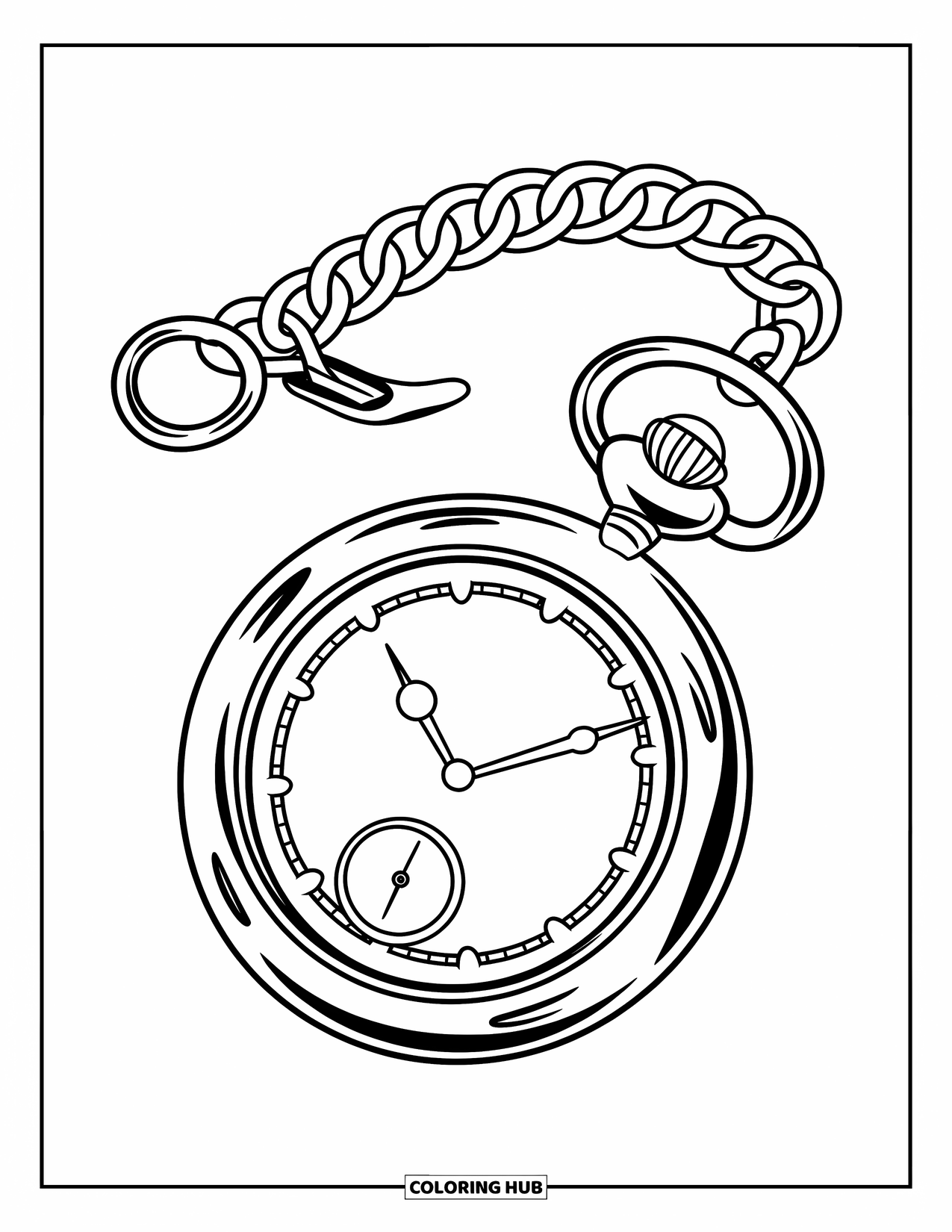 Vintage Coloring Page for Kids: A detailed pocket watch with a chain and ornate face design