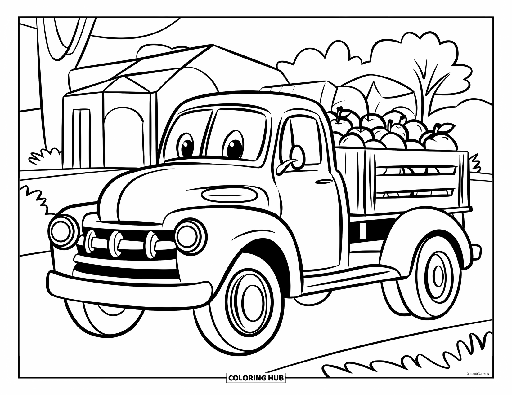 Vintage Coloring Page for Kids: A friendly truck with a crate of fruits parked by trees and a building
