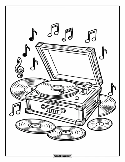 Çocuklar için Vintage Boyama Sayfası: Üst üste dizilmiş vinil albümler ve çevresinde müzik notalarıyla bir pikap