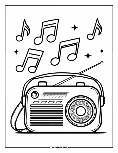 Çocuklar için Vintage Boyama Sayfası: Çevresinde yüzen müzik notalarıyla retro ahşap bir radyo
