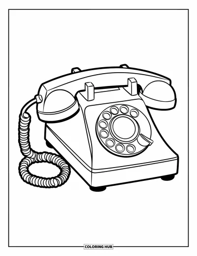 Çocuklar için Vintage Boyama Sayfası: Kolayca kullanılabilecek büyük düğmeli ve kıvrımlı telli çevirmeli bir telefon