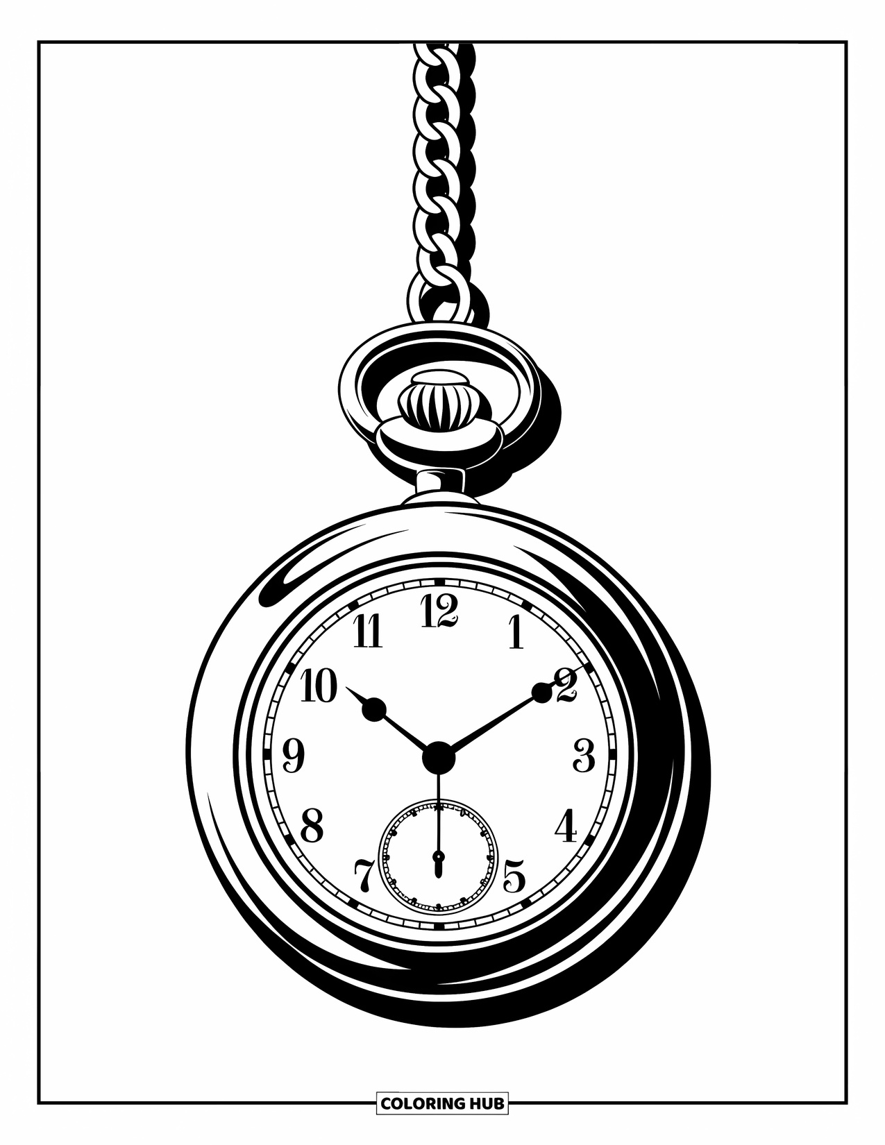 Vintage Coloring Page for Kids: A round pocket watch with a chain in a timeless vintage design