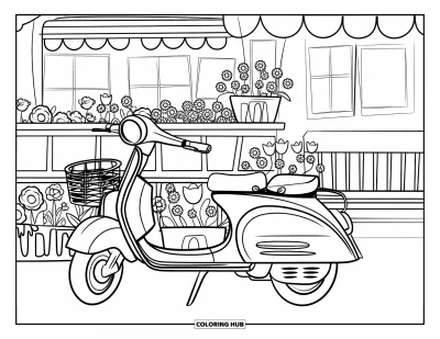 Çocuklar için Vintage Boyama Sayfası: Çiçek standının ve yakındaki bankın yanında sepetli bir scooter