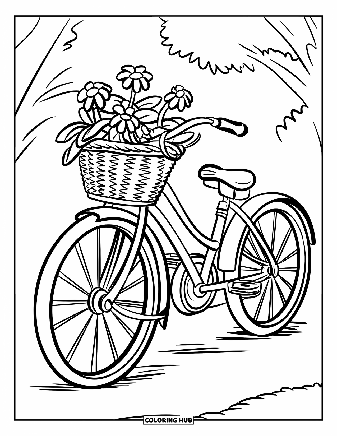 Vintage Coloring Page for Kids: A sweet bicycle with large wheels and flowers in its basket