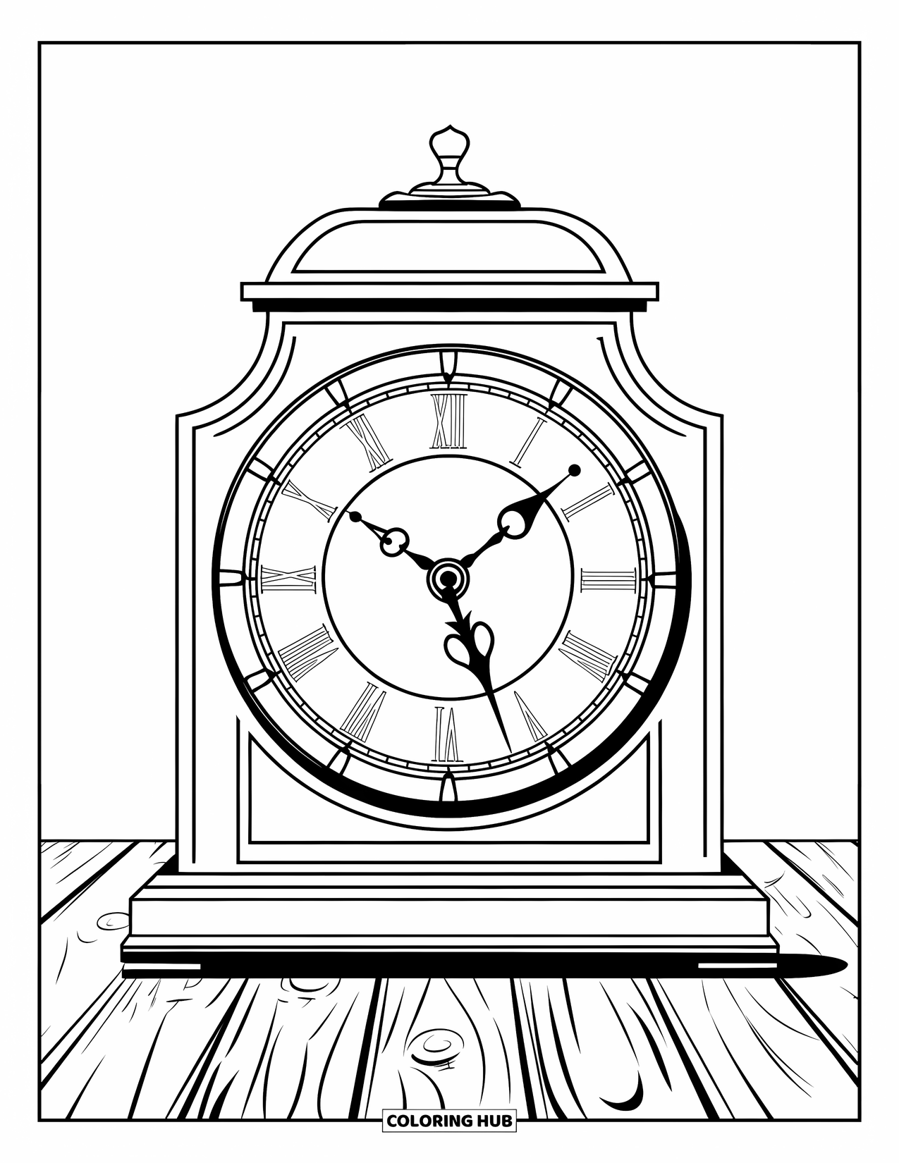 Vintage Coloring Page for Kids: A vintage clock with Roman numbers placed on a wooden base
