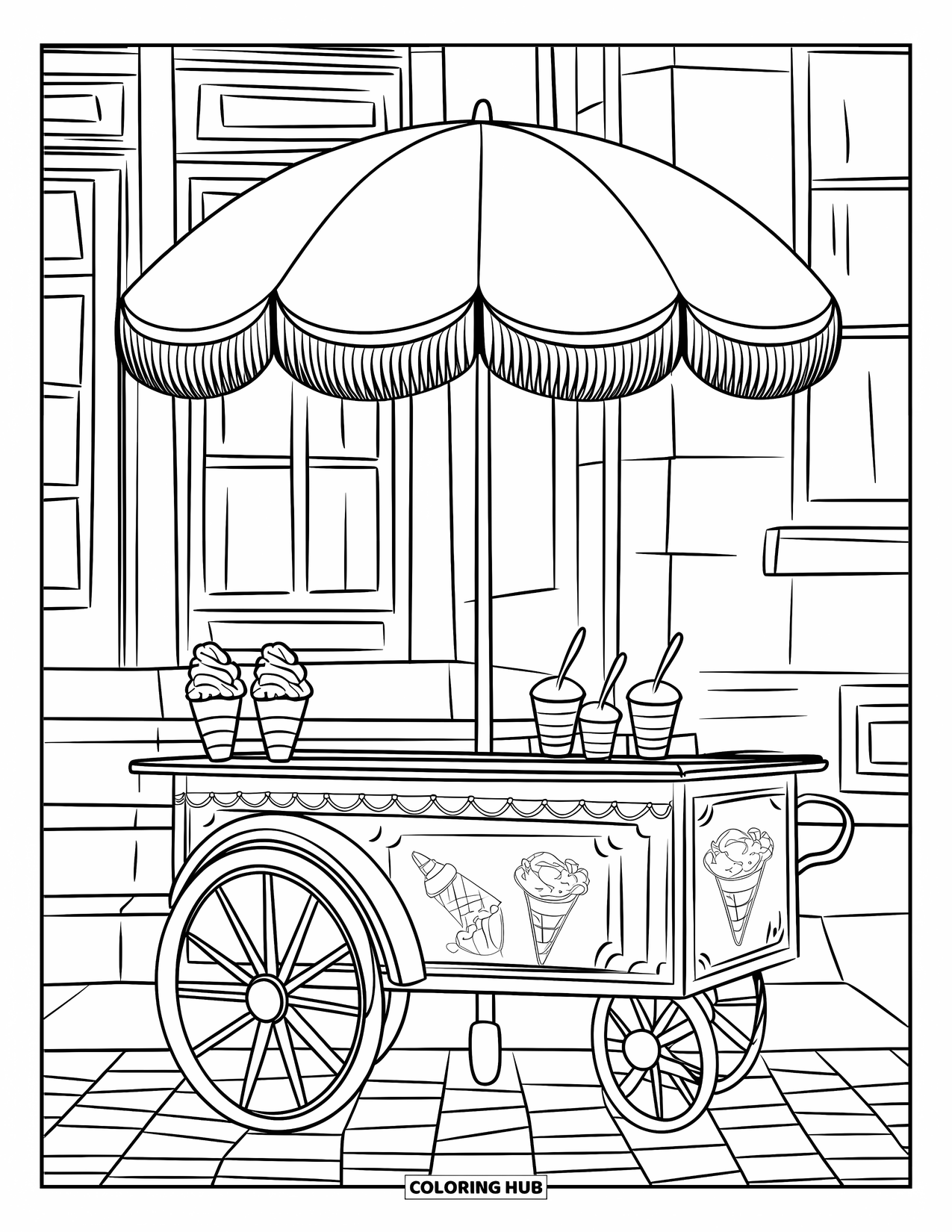 Vintage Coloring Page for Kids: A vintage ice cream cart with cones, cups, and a checkered sidewalk