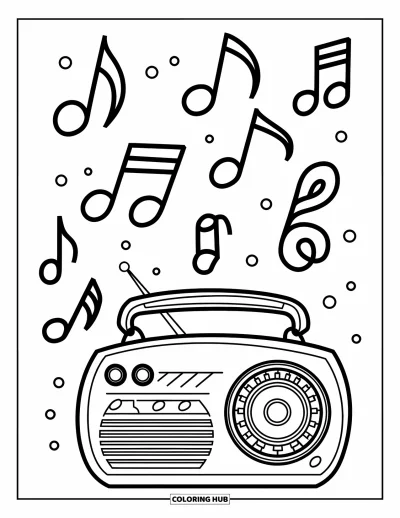 Çocuklar için Vintage Boyama Sayfası: Havada müzik notalarıyla çevrili, saplı bir vintage radyo