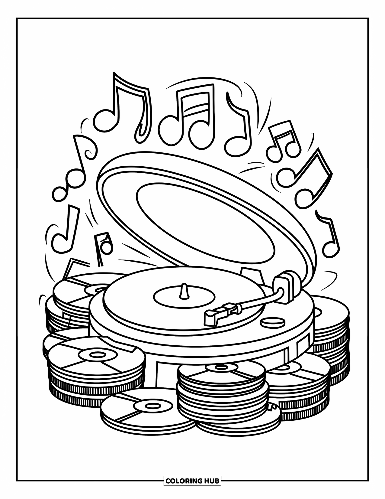Vintage Coloring Page for Kids: A vintage record player with albums and musical notes drifting nearby