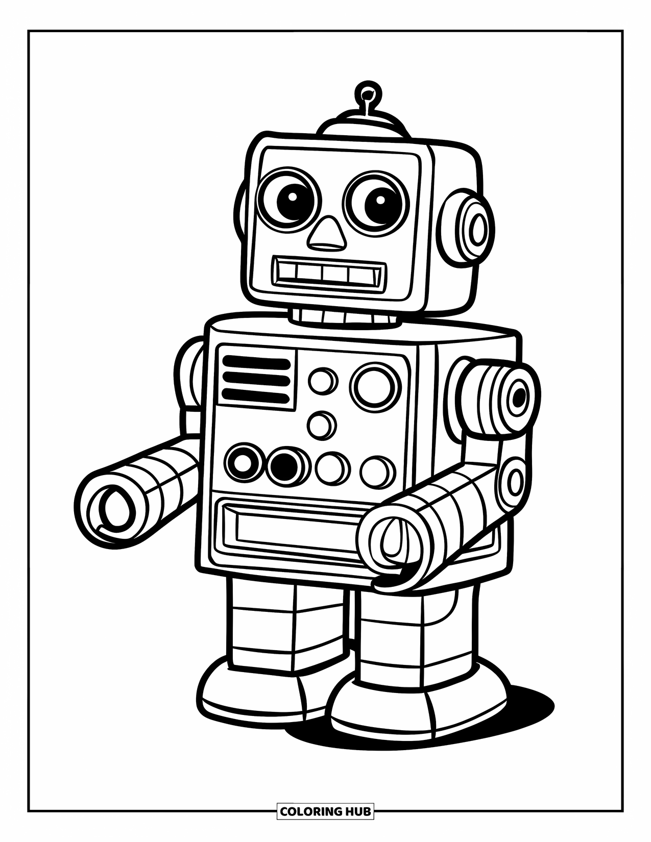 Vintage Coloring Page for Kids: A vintage robot with square arms standing on a rounded base