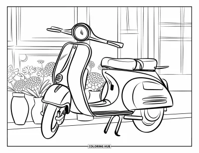 Çocuklar için Vintage Boyama Sayfası: Çiçek standının ve pencereli binanın yanında park etmiş vintage bir scooter