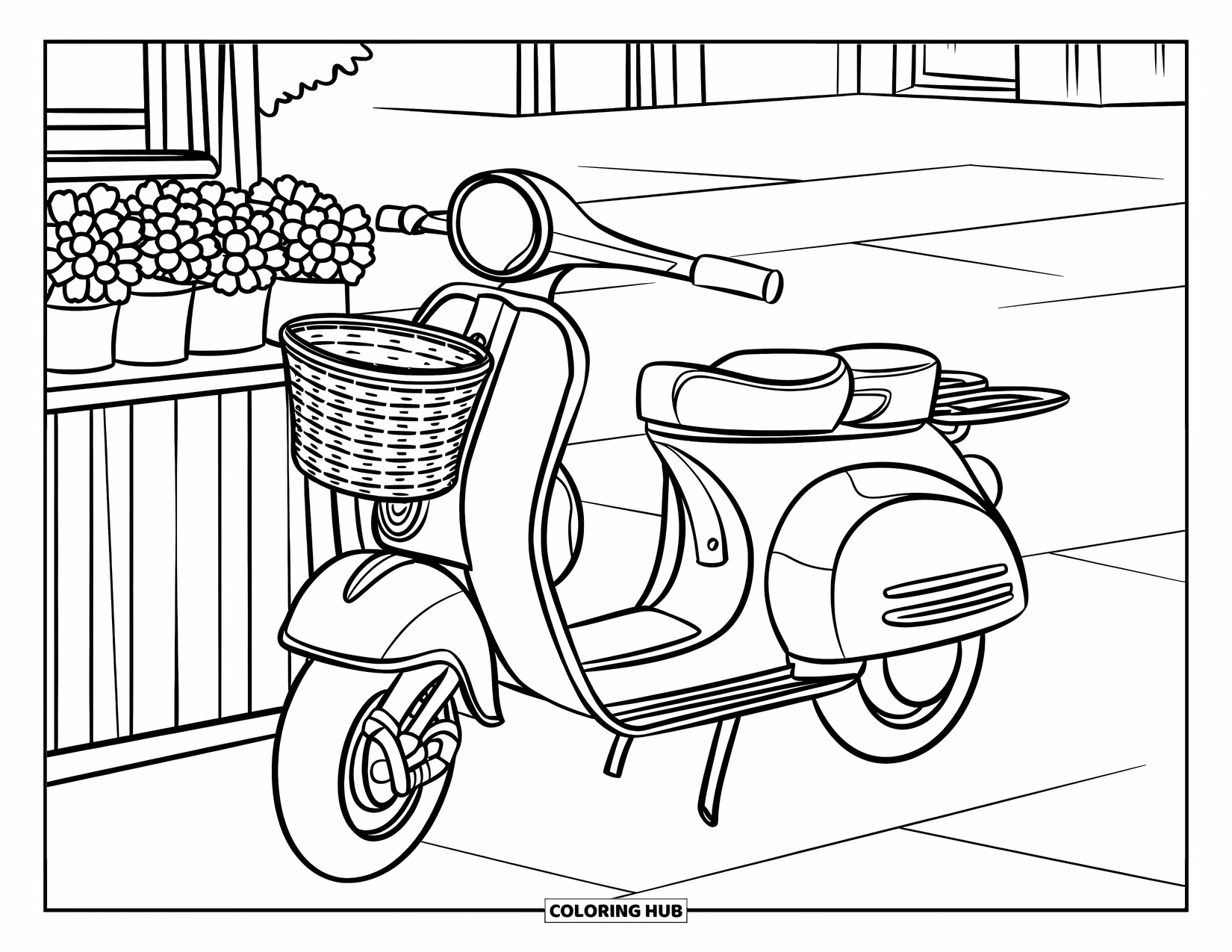 Vintage Coloring Page for Kids: A vintage scooter parked near a flower stand filled with blooms