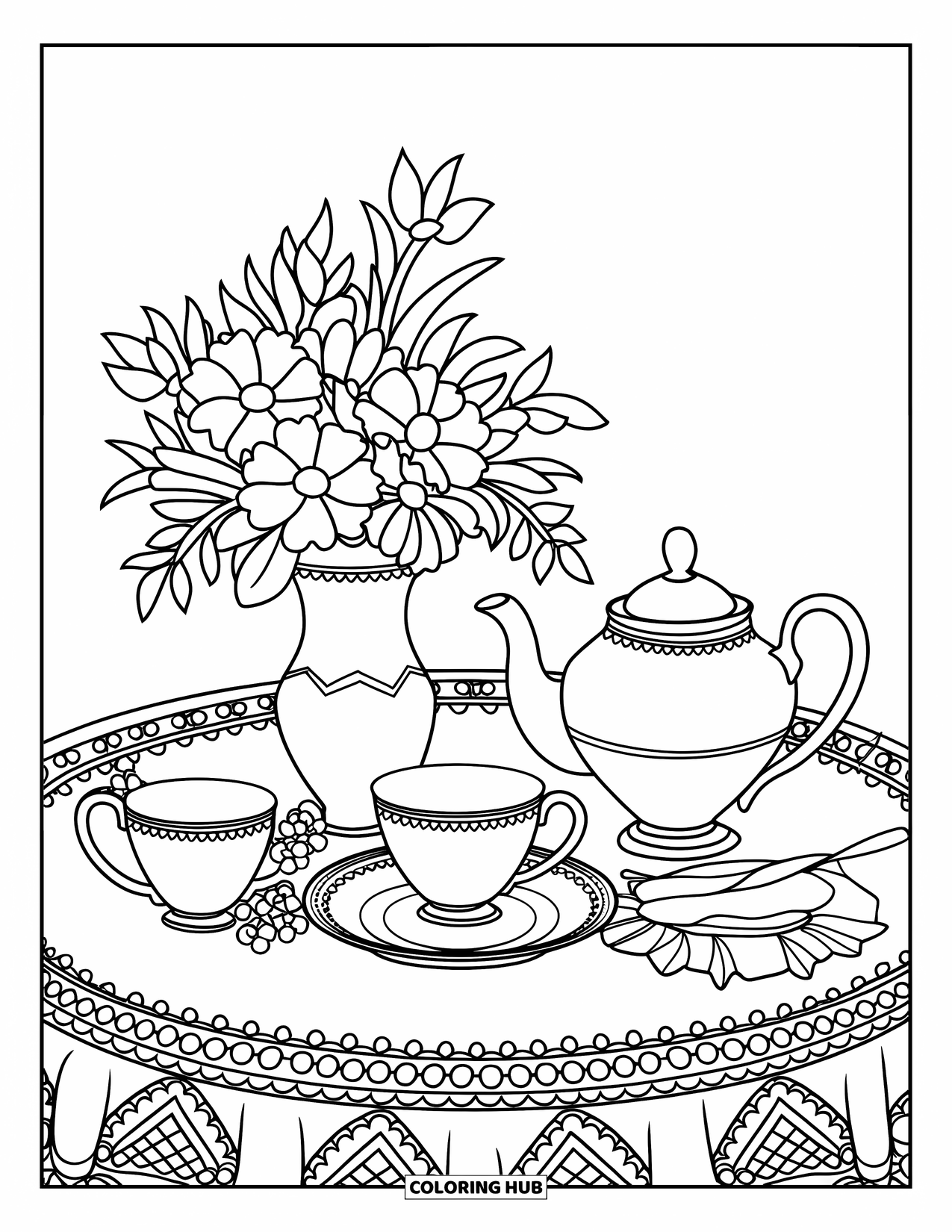 Vintage Coloring Page for Kids: A vintage tea set with a vase of flowers on a lace-covered table