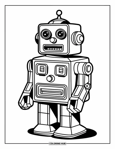 Çocuklar için Vintage Boyama Sayfası: Kare kollu ve düğmeli, gururla duran vintage bir oyuncak robot