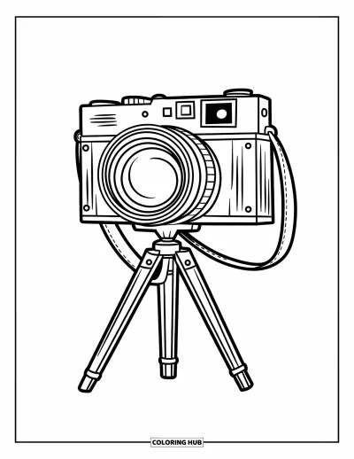 Çocuklar için Vintage Boyama Sayfası: Tripod üzerinde lensli ve deri kayışlı ahşap vintage bir fotoğraf makinesi
