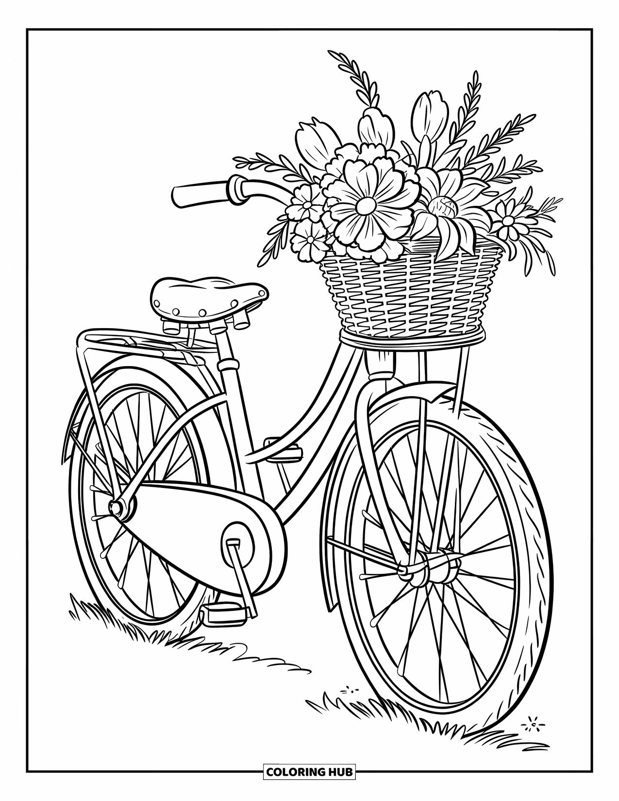 Vintage Coloring Page for Kids: An old-fashioned bicycle with a flower-filled basket and a bell