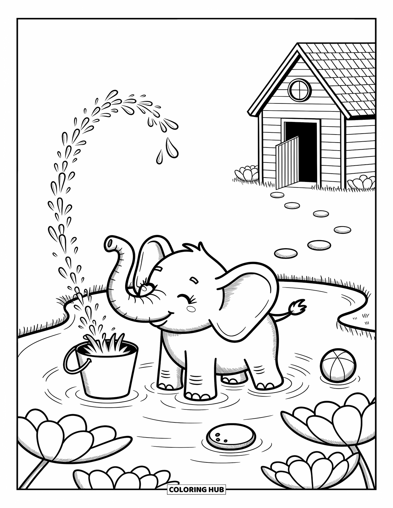 Zoo Animals Coloring Page for Adults: A cheerful elephant sprays water as it stands in a calm zoo pond