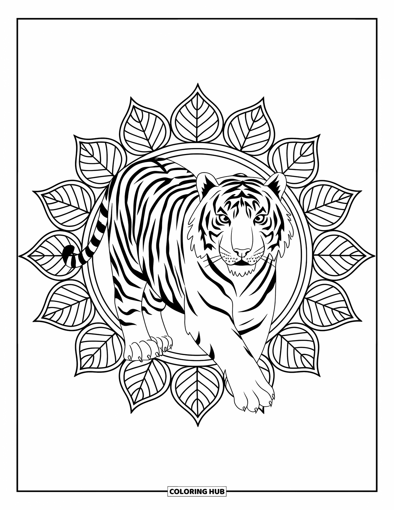 Zoo Animals Coloring Page for Adults: A fierce tiger steps forward through an ornate leafy mandala frame