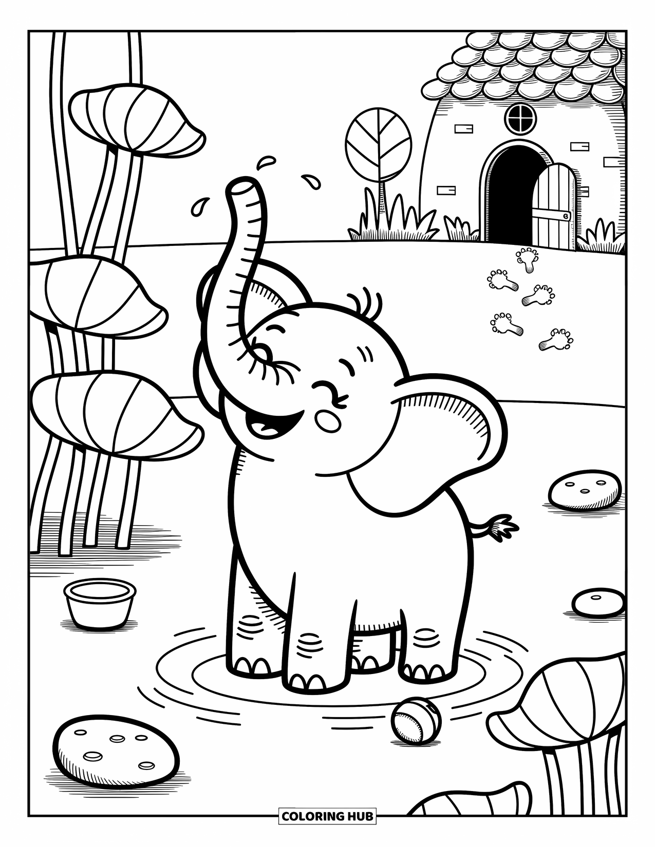 Zoo Animals Coloring Page for Adults: A happy elephant splashes water with its trunk in a peaceful pond