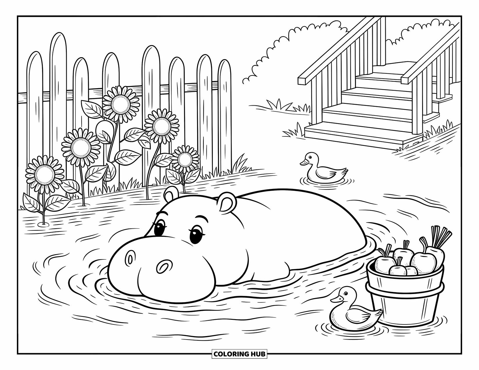 Zoo Animals Coloring Page for Adults: A happy hippo relaxes in a cozy mud bath with sunflowers and a duck nearby
