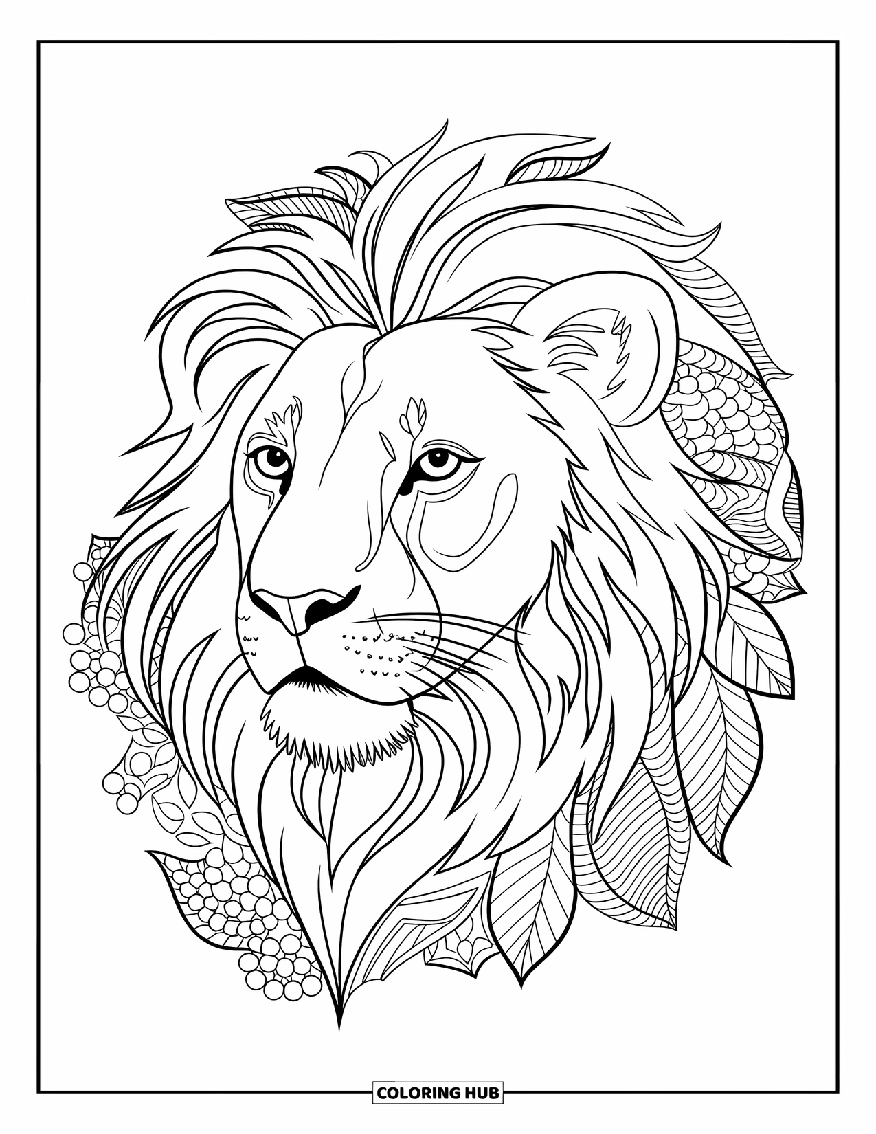 Zoo Animals Coloring Page for Adults: A lion gazes to the side framed by a floral mandala pattern