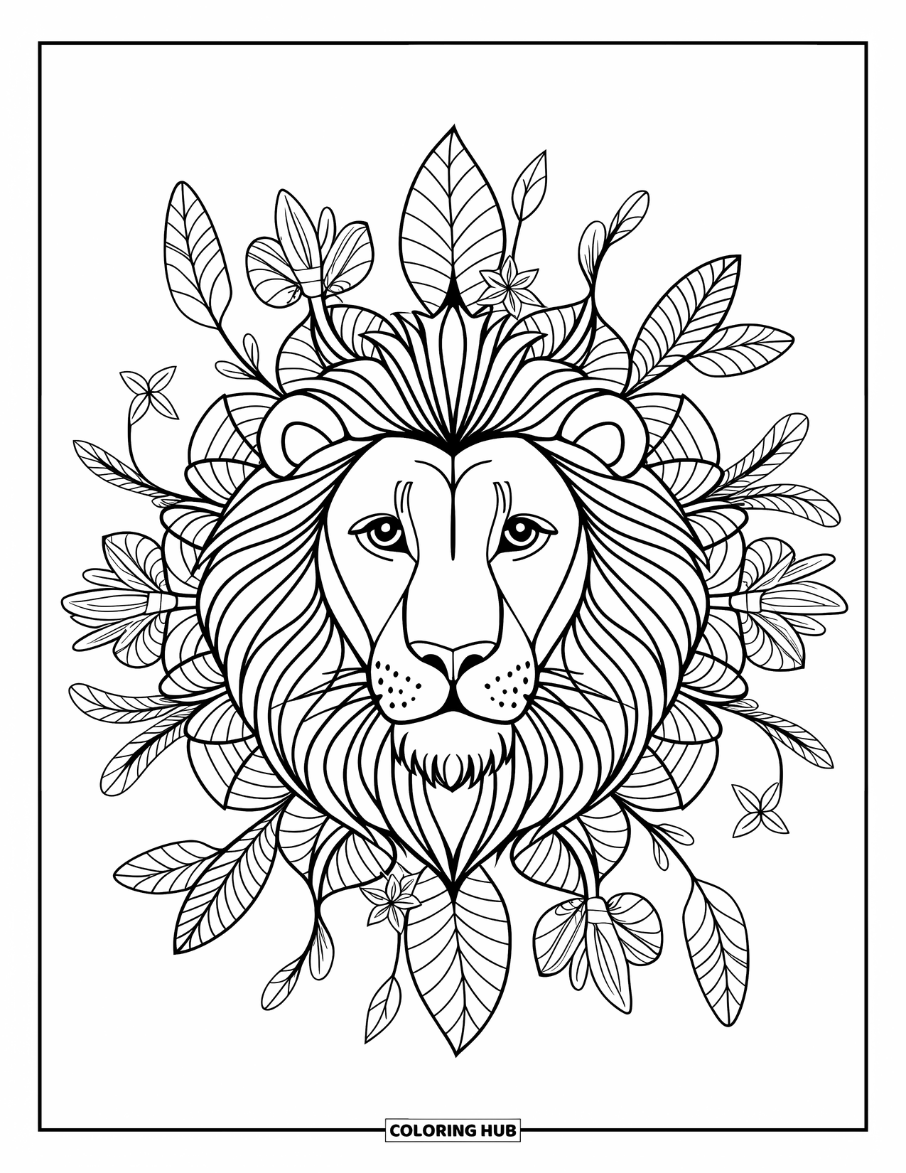 Zoo Animals Coloring Page for Adults: A lion's face rests amid a detailed mandala of flowers and vines