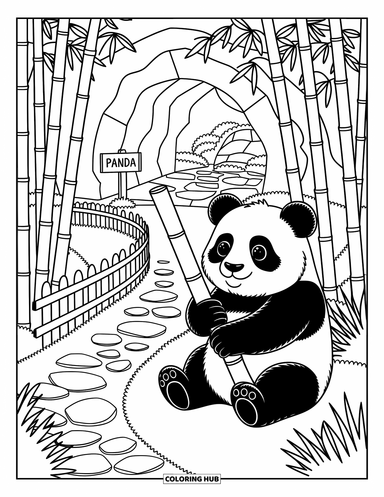 Zoo Animals Coloring Page for Adults: A panda eats bamboo in a peaceful grove with a path leading to its den