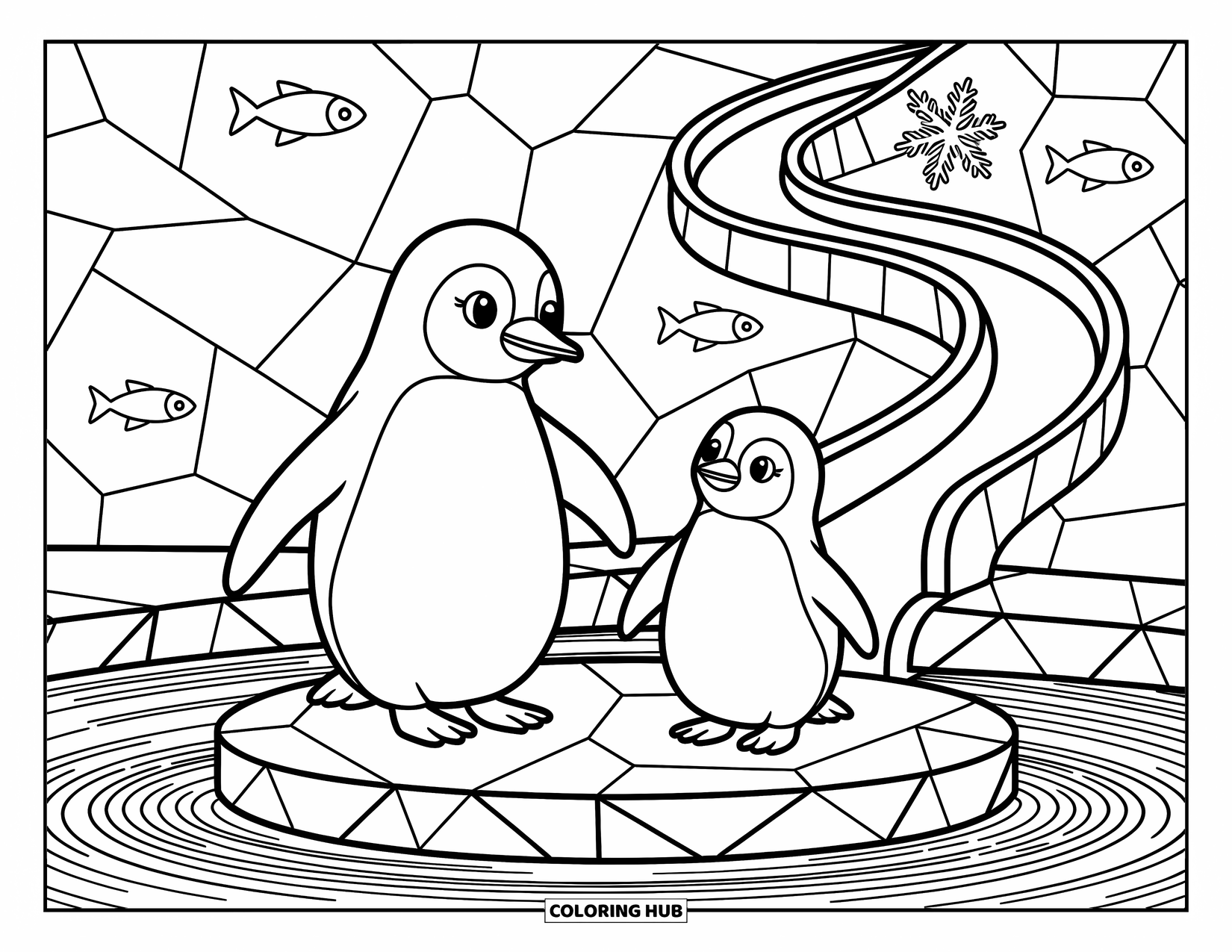 Zoo Animals Coloring Page for Adults: A penguin family enjoys a chilly day near a snowflake sign and frozen slide
